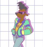 1980s_theme 2016 anthro belt biped black_hair black_nose bottomwear brown_body canid canine canis clothing digital_drawing_(artwork) digital_media_(artwork) domestic_dog eyewear fluffpon geometric_background green_clothing green_jacket green_topwear grid_background hair hands_in_both_pockets jacket male mammal pants pattern_background portrait powerline_(goof_troop) shirt simple_background smile solo sunglasses t-shirt three-quarter_portrait topwear