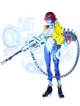  1girl aiz_gunafari black_shoes blue_skin breasts colored_skin dairoku_ryouhei full_body gun hair_between_eyes high_heels highres holding holding_gun holding_weapon holographic_interface impossible_clothes jacket large_breasts mask mitsu_tarou multicolored_hair open_clothes open_jacket purple_hair red_hair shoes short_hair solo streaked_hair transparent_background weapon yellow_jacket 