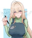  1girl absurdres ahoge apron azur_lane blonde_hair blue_apron blush breasts closed_mouth elf gouden_leeuw_(azur_lane) green_sweater hair_between_eyes hand_up highres holding holding_ladle huge_breasts ladle long_hair looking_at_viewer mole mole_under_eye nocturnal_melonpan pointy_ears purple_eyes simple_background smile solo sweater upper_body 