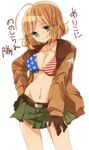  ahoge america_(hetalia) american_flag_bikini axis_powers_hetalia belt bikini bikini_top black_gloves blonde_hair blue_eyes bomber_jacket breasts cleavage collarbone flag_print fur_trim genderswap genderswap_(mtf) gloves green_skirt grin groin hair_ornament hairclip hand_on_hip highres jacket large_breasts long_sleeves navel ninonuko personification pleated_skirt short_hair simple_background skirt smile solo star star_hair_ornament swimsuit teeth text_focus translation_request white_background 