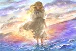 arms_behind_back blonde_hair cloud dress dutch_angle evening hair_over_one_eye highres holding_arm long_hair looking_at_viewer marnie mukuinu ocean omoide_no_marnie puffy_short_sleeves puffy_sleeves ribbon short_sleeves sky solo standing sunlight sunset water white_dress wind 
