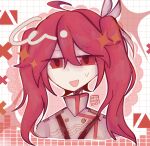  ahoge artist_name bow buttons cross double-breasted double-parted_bangs grey_jacket hair_between_eyes hair_bow hair_ornament hair_ribbon highres jacket kasane_teto kasane_teto_(sv) no_nose open_mouth outline patterned pink_eyes pink_hair raisutea red_background ribbon signature simple_background star_(symbol) sweatdrop synthesizer_v triangle turtleneck turtleneck_jacket twintails vocaloid white_background white_outline white_ribbon 