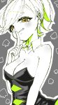  1girl black_dress breasts cleavage collarbone commentary_request detached_collar dress eyelashes green_hair highres humanization index_finger_raised large_breasts marie_(splatoon) marie_(squid_sisters_outfit)_(splatoon) mole mole_under_eye mugyiiiii_ika multicolored_hair outline smile solo splatoon_(series) standing strapless strapless_dress two-tone_hair white_hair white_outline yellow_eyes 