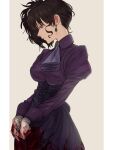  1girl absurdres ascot blood blood_on_clothes blood_on_hands breasts brown_hair closed_mouth commentary dress earrings ebora eyelashes gloves grey_background half-closed_eyes high_ponytail highres jewelry large_breasts layered_ascot pillarboxed ponytail purple_ascot purple_dress side_ponytail simple_background solo standing umineko_no_naku_koro_ni ushiromiya_natsuhi wavy_hair white_gloves 