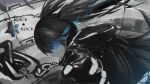  1girl black_coat black_rock_shooter black_rock_shooter_(character) blue_fire chain coat fire flaming_eye glowing glowing_eye highres hood hooded_coat long_hair pale_skin phantom_(pixiv) solo twintails uneven_twintails 