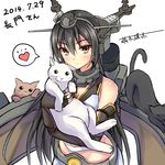  animal artist_name black_hair blush brown_eyes cat character_name dated elbow_gloves fingerless_gloves gloves headgear heart highres holding holding_animal kantai_collection long_hair looking_at_viewer machinery moeki_yuuta nagato_(kantai_collection) smile solo spoken_heart tsurime 