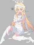  1girl ahoge arm_support bandaged_arm bandaged_chest bandaged_foot bandaged_hand bandaged_head bandaged_leg bandaged_neck bandages bare_shoulders blonde_hair blue_archive blush brown_eyes collarbone commentary convenient_arm embarrassed fang flat_chest full_body grey_background hair_between_eyes hair_down hair_intakes halloween_costume halo highres knee_up long_hair momocadraw naked_bandage navel no_shoes nose_blush official_alternate_costume official_alternate_hairstyle open_mouth sidelocks simple_background sitting skin_fang solo squiggle translated v-shaped_eyebrows very_long_hair wide-eyed yellow_halo yoshimi_(blue_archive) yoshimi_(halloween)_(blue_archive) 