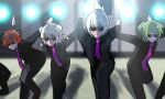  1girl 2boys 2girls arms_behind_back beatmania_iidx bemani black_bodysuit blonde_hair bodysuit bun_cover closed_mouth commentary_request double_bun ereki_(beatmania) expressionless feet_out_of_frame goggles goggles_on_head green_hair hair_bun highres hishimiya_tsugaru kurogane_tekka leaning_forward multiple_boys multiple_girls necktie orange_eyes prop_is_god purple_necktie short_hair white_hair xiatian_(beatmania) 