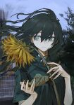  1girl blue_eyes collared_shirt distortion expressionless fence flower green_hair green_shirt highres holding holding_flower long_hair messy_hair original shirt skkc_128 smudge smudge_tool solo sunflower surreal tree upper_body 