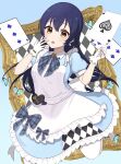  1girl absurdres alice&#039;s_adventures_in_wonderland alice_(alice_in_wonderland) alice_(alice_in_wonderland)_(cosplay) apron blue_background blue_bow blue_butterfly blue_dress blue_hair blue_ribbon blush bow bug butterfly card checkered_background commentary_request cosplay dress earrings gloves heart highres jewelry key long_hair looking_at_viewer love_live! love_live!_school_idol_project neck_ribbon open_mouth ozawasan0930 plaid_bow plaid_ribbon playing_card ribbon solo sonoda_umi white_apron white_gloves 