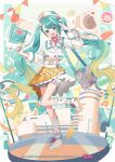  1girl 39 :d aqua_eyes aqua_hair aqua_nails artist_name asymmetrical_bangs banner belt beret blonde_hair copyright_notice cropped_jacket flag food foot_up fruit full_body gradient_hair grey_bag hat hatsune_miku heart holding holding_flag jacket layered_skirt logo long_hair magical_mirai_(vocaloid) magical_mirai_miku magical_mirai_miku_(2024) miwasiba multicolored_hair multicolored_nails musical_note official_art pink_nails polaroid_photo second-party_source shoelaces shoes shorts shorts_under_skirt silhouette skirt smile solo standing standing_on_one_leg star_(symbol) strawberry teeth tongue tongue_out twintails upper_teeth_only very_long_hair vocaloid white_belt white_hat white_jacket white_shoes yellow_skirt 