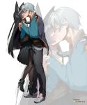  1boy 1girl absurdres animal_ears aqua_jacket black_hair black_necktie black_pants black_pantyhose black_shirt black_skirt blue_jacket blush closed_eyes fingerless_gloves fox_ears fox_girl gloves grey_hair hetero highres hoshimi_miyabi jacket kiss long_hair necktie nisp_art pants pantyhose shirt short_hair single_fingerless_glove skirt white_shirt wise_(zenless_zone_zero) zenless_zone_zero zoom_layer 