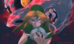  1boy belt black_sclera blonde_hair blue_eyes brown_belt clenched_teeth colored_sclera commentary facial_mark fierce_deity fingernails green_hat green_tunic hat heterochromia highres holding holding_mask link long_pointy_ears looking_at_viewer male_focus mask moon_(zelda) nanananana0706 open_mouth parted_hair pointy_ears short_sleeves solo teeth the_legend_of_zelda the_legend_of_zelda:_majora&#039;s_mask tunic twitter_username unworn_mask veins white_hair yellow_eyes young_link 