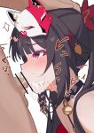  1boy 1girl bar_censor bare_shoulders bell blunt_bangs brown_hair censored commentary_request criss-cross_halter cum cum_in_mouth cum_overflow fellatio fox_mask halterneck hand_on_another&#039;s_head heart hetero highres honkai:_star_rail honkai_(series) irrumatio light_blush mask mask_on_head neck_bell oral pink_eyes sidelocks sparkle_(honkai:_star_rail) tearing_up yomiji292 