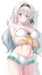  1girl :t absurdres alternate_costume arada_(corsair_zero) arms_under_breasts bare_shoulders bikini blush breasts bug cleavage closed_mouth collarbone crossed_arms firefly firefly_(honkai:_star_rail) grey_hair hair_between_eyes hair_intakes hair_ornament hairband highres honkai:_star_rail honkai_(series) large_breasts long_hair navel pink_eyes pout simple_background solo stomach strapless strapless_bikini swimsuit white_background white_bikini 