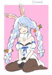  1girl :d ^_^ animal_ear_fluff animal_ears bare_shoulders between_legs black_gloves black_leotard blue_hair blush border bow braid breasts brown_pantyhose carrot_hair_ornament closed_eyes commentary_request detached_sleeves don-chan_(usada_pekora) dress facing_viewer food-themed_hair_ornament full_body fur-trimmed_dress fur-trimmed_gloves fur_trim gloves hair_bow hair_ornament hand_between_legs highres hololive kiritoma leotard multicolored_hair no_shoes pantyhose pink_background puffy_short_sleeves puffy_sleeves rabbit_ears rabbit_girl rabbit_tail short_sleeves signature sitting small_breasts smile solo strapless strapless_dress strapless_leotard tail twin_braids twintails two-tone_hair usada_pekora usada_pekora_(1st_costume) virtual_youtuber wariza white_border white_bow white_dress white_hair white_sleeves 