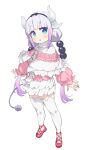  1girl beads blue_eyes capelet commentary_request dragon_girl dragon_horns full_body gradient_hair grey_hair hair_beads hair_ornament hairband highres horns kanna_kamui kobayashi-san_chi_no_maidragon long_hair looking_at_viewer low_twintails multicolored_hair purple_hair simple_background skirt solo soosaresu tail thighhighs twintails white_background white_thighhighs zettai_ryouiki 