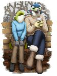 absurd_res anthro apodiform autumn autumn_leaves avian bird blush boots bottomwear cargo_pants clothing coffee_cup container cup denim denim_bottomwear denim_clothing duo falcon falconid female female/female fish_birb footwear fur_boots heart_symbol hi_res hummingbird jeans katie_(fish_birb) love pants peregrine_falcon sarah_(fish_birb) shoes sweater topwear