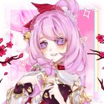  1girl bell branch cherry_blossoms chinese_commentary commentary_request diamond-shaped_pupils diamond_(shape) dress elf elysia_(herrscher_of_human:_ego)_(honkai_impact) elysia_(honkai_impact) elysia_(peachy_spring)_(honkai_impact) flower four-finger_heart_hands hair_bell hair_flower hair_ornament heart heart_hands honkai_(series) honkai_impact_3rd long_hair mistraitangyu official_alternate_costume pink_hair pointy_ears purple_eyes red_dress smile solo symbol-shaped_pupils upper_body very_long_hair 