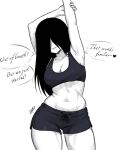  1girl armpits black_hair breasts collarbone commentary covered_eyes crop_top cross-body_stretch english_commentary english_text ghost_girl graphicthereal groin hair_over_eyes highres large_breasts long_hair navel short_shorts shorts signature simple_background smile solo speech_bubble the_ring white_background yamamura_sadako 