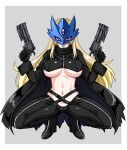  1girl absurdres beelstarmon belt belt_collar black_belt black_boots black_coat black_gloves black_mask black_pants black_vest blonde_hair boots breasts closed_mouth coat collar commentary commission covered_nipples cropped_vest digimon digimon_(creature) eye_mask full_body gloves goriate grey_background gun high_heel_boots high_heels highres holding holding_gun holding_weapon jacket large_breasts leather leather_jacket leather_pants lipstick long_hair long_sleeves looking_at_viewer makeup mask multiple-barrel_gun navel pants pink_eyes pixiv_commission purple_lips sidelocks simple_background smile solo squatting stomach third_eye tight_clothes tight_pants toned toned_female underboob vest weapon zipper 