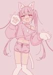  1girl :d animal_ear_fluff animal_ears animal_hands blush brown_background cat_ears cat_girl cat_tail choker commentary_request crop_top dolphin_shorts drooling fang flying_sweatdrops gloves heart heart-shaped_pupils highres jigatei_(omijin) long_hair long_sleeves midriff mouth_drool navel off_shoulder original paw_gloves pink_hair pink_shirt pink_shorts puffy_long_sleeves puffy_sleeves romaji_text shirt short_shorts shorts simple_background smile solo sweat symbol-shaped_pupils tail thighhighs twintails very_long_hair white_choker white_gloves white_thighhighs 