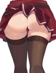  1girl absurdres amano_ritsu827 ass ass_focus belt black_thighhighs brown_belt close-up commentary_request from_behind highres hololive houshou_marine kneepits lace-trimmed_thighhighs lace_trim panties pleated_skirt red_panties red_skirt simple_background skirt skirt_flip solo standing thighhighs underwear virtual_youtuber white_background 