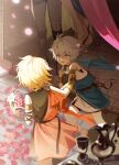 2boys aged_down alternate_costume ancient_greek_clothes antenna_hair armlet bandaged_arm bandages basket black_choker black_shirt blonde_hair blue_cape blue_eyes blush braid cape chiton choker commentary from_above greco-roman_clothes hadanugi_dousa highres holding holding_basket honkai:_star_rail honkai_(series) jewelry male_focus multiple_boys mydei_(a_trail_of_bygone_blood)_(honkai:_star_rail) mydei_(honkai:_star_rail) neck_tattoo official_alternate_costume parted_bangs phainon_(honkai:_star_rail) red_cape shirt short_hair side_braid sleeveless sleeveless_shirt suamk2 sun_symbol sun_tattoo symbol-only_commentary tattoo white_hair 