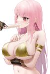  1girl absurdres armlet bare_shoulders bikini blush bracer breasts collarbone commentary english_commentary food highres hololive hololive_english huge_breasts jewelry long_hair mori_calliope navel open_mouth pink_eyes pink_hair popsicle sexually_suggestive simple_background solo_focus somebody_(leiking00) stomach swimsuit virtual_youtuber white_background yellow_bikini 