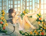  1girl absurdres ayako_(13639839) azur_lane babydoll book braid breasts cleavage elf evertsen_(azur_lane) evertsen_(basking_by_the_window)_(azur_lane) flower grey_hair highres holding holding_book indoors knees_up looking_at_viewer low_twin_braids lying manjuu_(azur_lane) medium_breasts official_alternate_costume on_back one_eye_closed pointy_ears purple_eyes red_flower see-through_babydoll see-through_clothes see-through_silhouette silhouette twin_braids white_babydoll white_flower window yellow_flower 