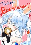  &gt;_&lt; 1girl :t bare_shoulders black_gloves black_leotard blush braid breasts closed_eyes closed_mouth commentary_request detached_sleeves don-chan_(usada_pekora) donut dress eating food food_on_face fur-trimmed_gloves fur_trim gloves hair_between_eyes hands_up heart highres holding holding_food hololive kiritoma leotard long_hair milestone_celebration outline pink_background puffy_short_sleeves puffy_sleeves short_eyebrows short_sleeves signature small_breasts solo strapless strapless_dress strapless_leotard thank_you thick_eyebrows twin_braids twintails upper_body usada_pekora usada_pekora_(1st_costume) wavy_mouth white_dress white_outline white_sleeves 