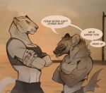 anthro clothing crossed_arms desert dialogue duo felid female female/female frown hi_res hyena infezmite lion mammal pantherine profanity smile smirk spotted_hyena tail topwear