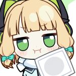 1girl :i animal_ear_headphones animal_ears animated animated_gif aqua_jacket blonde_hair blue_archive blunt_bangs blunt_ends blush_stickers bow cat_ear_headphones cat_ears chunye_haruya cleaning cleaning_rag closed_mouth commission dot_nose fake_animal_ears fourth_wall green_bow green_eyes green_halo hair_bow halo headphones jacket jitome looking_at_viewer low-tied_sidelocks lowres midori_(blue_archive) midori_(winter)_(blue_archive) missing_commentary official_alternate_costume pout scarf second-party_source short_hair sidelocks simple_background solo text_print transparent_background upper_body white_scarf winter_clothes 