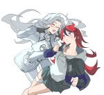  2girls :d absurdres ahoge aotsuki_eito black_gloves black_streaks blue_eyes blue_jacket chinese_commentary floating_hair genderswap genderswap_(mtf) glasses gloves grey_background grey_hair grey_skirt hand_on_own_face highres hood hoodie jacket jacket_over_hoodie light_blush long_hair multicolored_hair multicolored_jacket multiple_girls panties pleated_skirt red_hair simple_background skirt smile streaked_hair sumino_takumi sweatdrop teeth the_hundred_line_-last_defense_academy- thigh_strap two-tone_jacket underwear upper_teeth_only white_hoodie white_jacket white_panties wonengzenmebanwoyehenjuewanga361 
