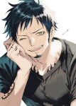  1boy arm_tattoo black_hair black_shirt commentary_request facial_hair goatee hand_tattoo looking_at_viewer male_focus no_on1006 one_eye_closed one_piece open_mouth shirt sideburns simple_background smile solo tattoo trafalgar_law upper_body white_background yellow_eyes 