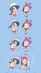  arm_up black_hair blue_background blush braid brown_eyes brown_hair chibi closed_eyes closed_mouth collared_shirt commentary flying_sweatdrops hat heart heart_arms heart_arms_duo hetero highres jacket juliana_(pokemon) kieran_(pokemon) kooda multicolored_hair multiple_views naranja_academy_school_uniform open_clothes open_jacket open_mouth orange_shorts pokemon pokemon_sv purple_hair red_tank_top school_uniform shirt shorts sparkle standing symbol-only_commentary tank_top white_jacket white_shirt white_shorts 