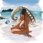  1girl absurdres armpit_crease ball beach beachball bikini bikini_top_only black_hair black_shoes bottomless breasts cleavage closed_mouth commentary earrings full_body gold_bikini hair_over_one_eye hand_on_ground highres huge_breasts island jewelry looking_at_viewer medium_hair ocean original outdoors red_eyes sand seiza shiny_skin shoes sitting sky smile solo stud_earrings suction_cups swimsuit tentacles thighs tnr_(horiko1525) water yokozuwari 