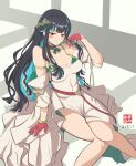  1girl absurdres armlet bare_shoulders black_hair blue_hair blush bracelet breasts choker cleavage colored_inner_hair commentary dress eyeliner fate/grand_order fate_(series) gloves grey_eyes highres jewelry long_hair looking_at_viewer makeup medium_breasts multicolored_hair off_shoulder red_gloves sidelocks smile solo tenochtitlan_(fate) tenochtitlan_(fgo_fes._2025)_(fate) tetsu_no_samurai thighs white_dress 