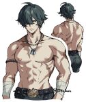  1boy abs ahoge artist_name back bandaged_arm bandages belt black_belt blue_pants closed_mouth collarbone commentary_request dog_tags facing_away from_behind frown green_eyes green_hair hair_over_one_eye highres jewelry lighter_(zenless_zone_zero) looking_at_viewer male_focus multiple_views navel necklace nipples one_eye_covered pants parted_bangs pectorals red_pupils s54nkasn scar scar_on_arm scar_on_back scar_on_chest scar_on_neck serious short_hair simple_background spiked_belt spikes stomach topless_male twitter_username white_background zenless_zone_zero 