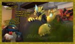 3d_(artwork) ambiguous_gender black_body black_fur blue_body blue_fur blue_pawpads claws dialogue digital_media_(artwork) fart fart_cloud food fur generation_4_pokemon generation_7_pokemon group hi_res holding_food holding_object incineroar legendary_pokemon lucario male nintendo onomatopoeia pawpads paws pokemon pokemon_(species) punishment red_body red_fur sound_effects starbucke text trio vore vore_implied yellow_body yellow_fur zeraora