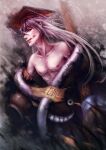  1991_(blz) 1boy chinese_clothes chinese_commentary closed_mouth commentary_request evil_snake_lord grey_hair guan_hat hat highres long_hair male_focus mian_guan nipples paintbrush personification pointy_ears ragnarok_online red_eyes red_hat smile solo topless_male upper_body 