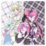  2girls armpits bare_arms bare_shoulders bibimaru_1101 black_gloves black_hair black_socks blonde_hair blowing_kiss blunt_bangs boots bracelet braid brooch bubble_skirt cure_kiss cure_zukyuun curly_hair dress earrings elbow_gloves finger_gun finger_to_mouth frilled_dress frilled_ribbon frilled_skirt frills gingham_background gingham_dress gloves gradient_hair green_hair hair_extensions hair_ornament hair_ribbon hair_tie hair_wings heart-shaped_lock highres jewelry jumping kimi_to_idol_precure knee_boots kneehighs leg_up long_hair looking_at_viewer looking_to_the_side mature_female meroron_(human_form) multicolored_hair multiple_earrings multiple_girls musical_note musical_note_hair_ornament parted_bangs pearl_earrings pink_hair precure puffy_dress puffy_sleeves purirun_(human_form) purple_dress purple_eyes red_eyes ribbon short_dress single_bare_shoulder single_kneehigh single_sock skirt sleeveless socks standing standing_on_one_leg twin_braids twintails very_long_hair white_dress white_gloves wing_hair_ornament wrist_cuffs 