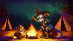  commentary commission creature creatures_(company) eevee english_commentary eye_contact fire food game_freak gen_1_pokemon gen_4_pokemon grass highres holding_lantern kori_(154376) lantern log looking_at_another looking_away lucario marshmallow neckerchief night night_sky nintendo no_humans open_mouth outdoors pine_tree pokemon pokemon_(creature) profile scared sitting sitting_on_log sitting_on_object sky star_(sky) starry_sky tent tree watermark web_address 