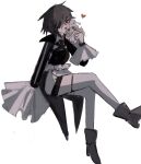  2girls a_umanee black_coat black_hair coat doll eyepatch full_body highres kissing_object long_coat looking_at_viewer magical_girl mahou_shoujo_madoka_magica mahou_shoujo_oriko_magica medium_hair multiple_girls orange_eyes sitting white_background 