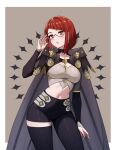  1girl absurdres asymmetrical_clothes asymmetrical_pants black_bridal_gauntlets black_leggings black_pants breasts bridal_gauntlets clothing_cutout commission commissioner_upload crop_top diagonal_bangs fire_emblem fire_emblem_awakening glasses hair_tubes highres large_breasts leg_cutout leggings looking_at_viewer midriff miriel_(fire_emblem) navel pants red-framed_eyewear red_eyes red_hair rein_creamsoda sage_outfit_(fire_emblem_engage) single_pantsleg solo stomach stomach_cutout 