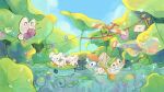  afloat animal_focus bandana bird blowing_bubbles butterfree chibi christmas_lights clothed_pokemon clothesline commentary fluffy glasses highres letter lily_pad lotad maushold mouse_(animal) no_humans owl piplup pokemon pokemon_(creature) pokemon_focus poliwag pond procreate_(medium) ripples rowlet solid_circle_eyes sonshine-arts summer swimming water wooper yanma 