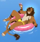 anthro breasts brown_body brown_fur brown_mane brown_tuft bulge cocktail_glass container countershading cup digital_media_(artwork) drinking_glass felid fur glass glass_container glass_cup hair hi_res holding_glass holding_object kicoffe lion lying male mammal mane muscular nipples on_back pantherine pink_nipples pubes smile solo tail tail_tuft tan_body tan_countershading tan_fur tuft water