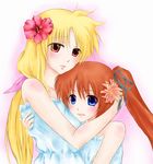  2girls artist_request auburn_hair blonde_hair blue_eyes dress fate_testarossa hair_ornament hug long_hair lyrical_nanoha mahou_senki_lyrical_nanoha_force mahou_shoujo_lyrical_nanoha mahou_shoujo_lyrical_nanoha_strikers mahou_shoujo_lyrical_nanoha_vivid multiple_girls ponytail red_eyes smile takamachi_nanoha watercolormark yuri 