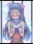  1girl blue_flower blue_hair blurry blurry_background blush bouquet bow bracelet bug butterfly closed_eyes colored_eyelashes commentary_request dragon_quest dragon_quest_v dress earrings flora_(dq5) flower glowing_butterfly gold_bracelet gold_earrings hair_bow hair_pulled_back half_updo haniwa_(8241427) highres holding holding_bouquet jewelry long_hair multicolored_dress pink_bow pink_dress purple_bow purple_flower red_dress single-shoulder_dress smile solo sparkle upper_body white_dress 