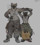 anthro armpit_hair body_hair bottomwear clothing duo female footwear hi_res holding_arm hyena infezmite larger_female male male/female mammal muscular muscular_female pants shirtless_male shoes size_difference smaller_male spotted_hyena torn_clothing